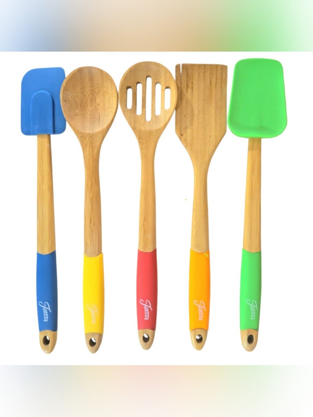 FIESTA Bamboo Kitchen Utensil 5 Pc Set with Colorful Handles
